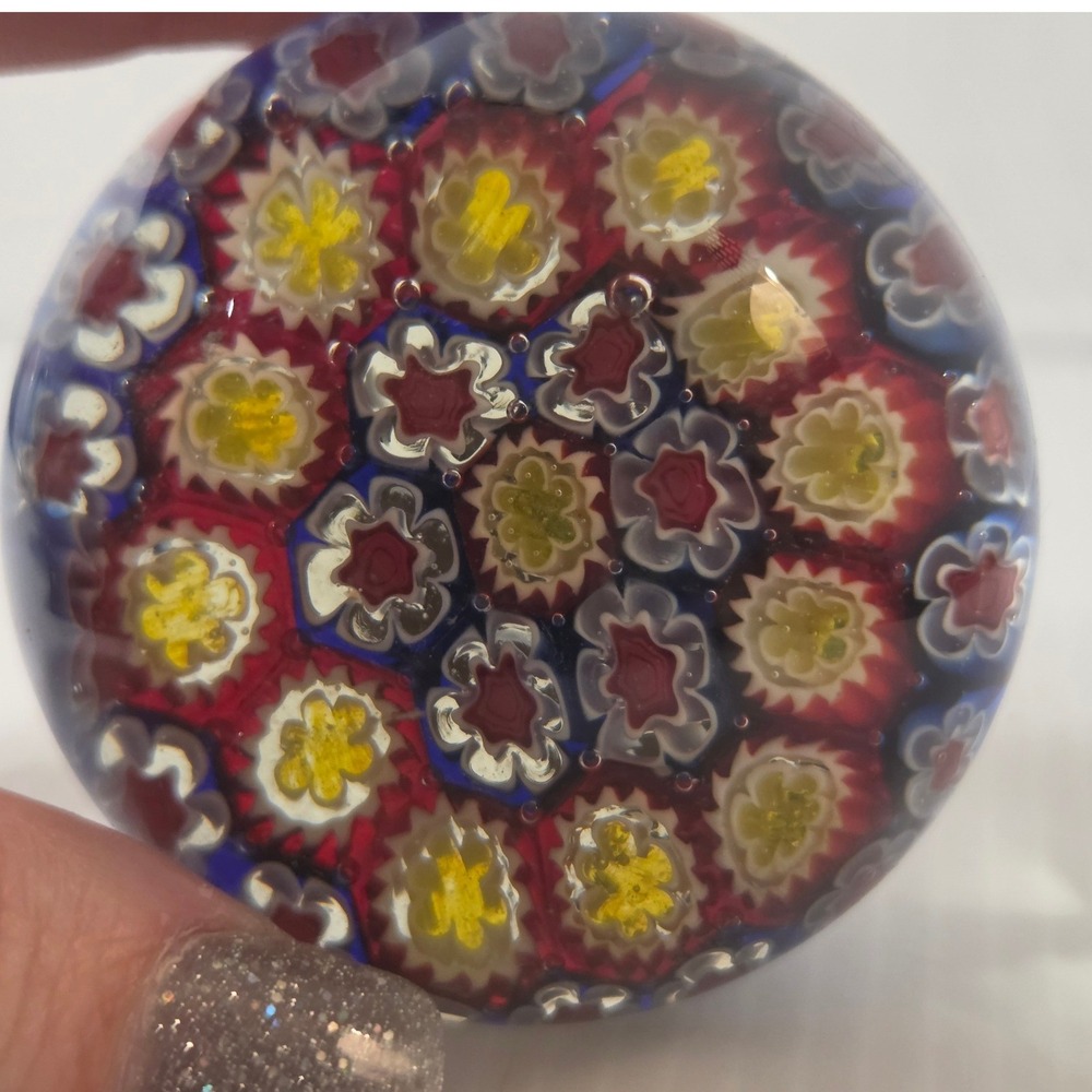 Murano Italy Millefiori Glass Paperweight Vintage Multi Color Floral Cane 2"
